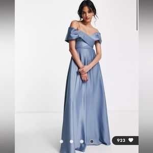 Asos edition satin bardot maxi dress with full skirt in dusky blue size 4 & 6